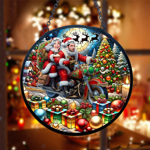 Custom Photo Gift for Couple Stained Glass Santa Couple Riding Motorbike Christmas 03todc310824 - Ornament - GoDuckee