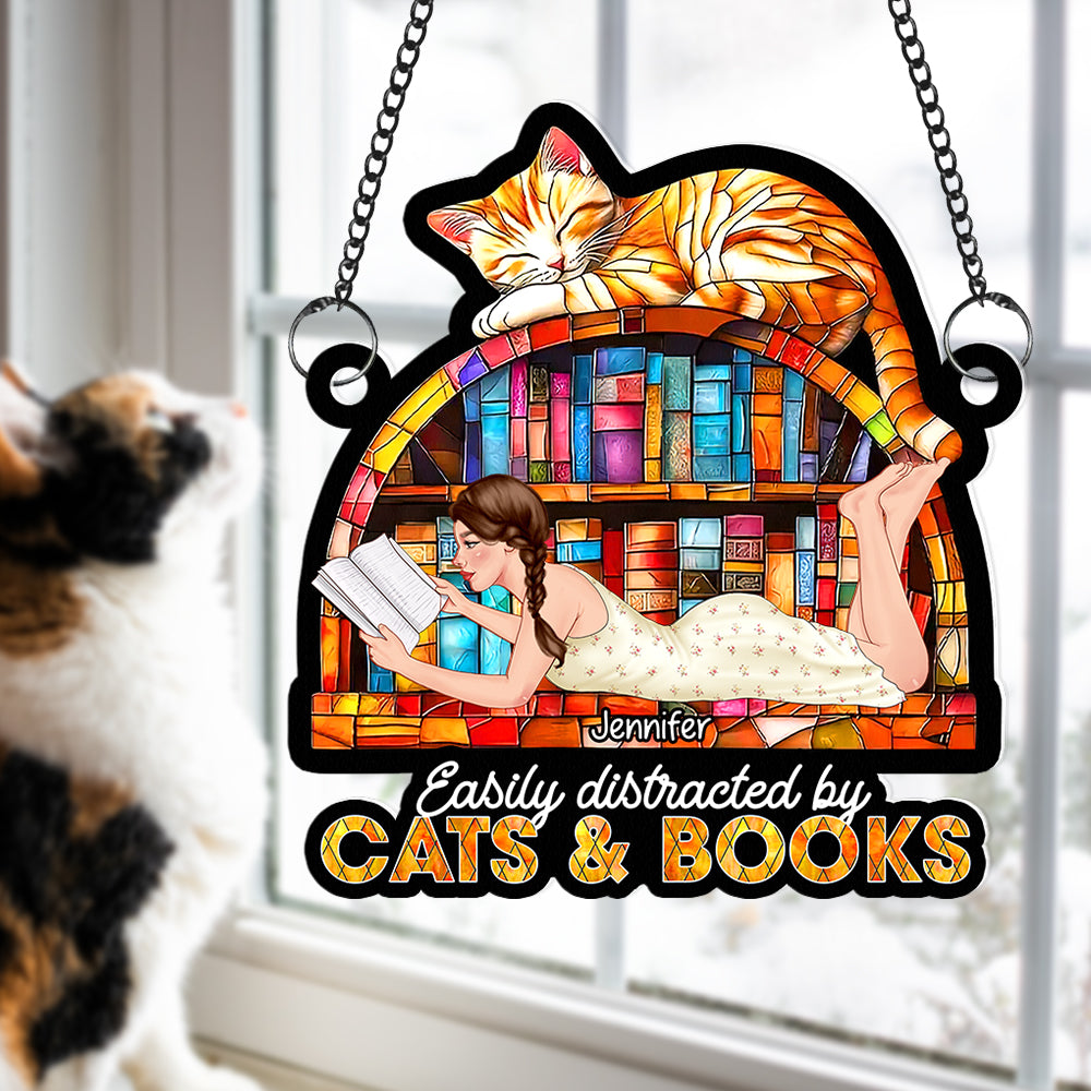 Personalized Gifts For Book Lovers Suncatcher Ornament 02xqqn030125tm Easily Distracted By Cats And Books - Ornament - GoDuckee