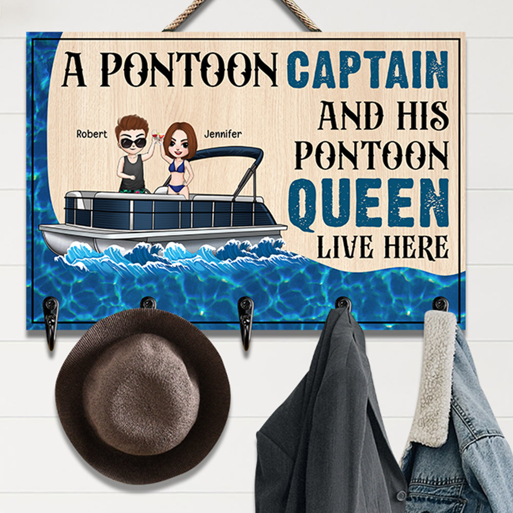 A Pontoon Captain And His Pontoon Queen Live Here-Personalized Wood Key Hanger- Gift For Her/Gift For Him- Couple Wood Key Hanger - Wood Sign - GoDuckee