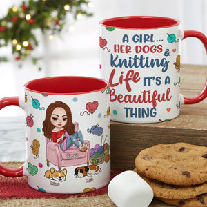 Personalized Gifts For Knitting Lover Accent Mug Women Sitting Knitting With Dog 04XQPU010824HH - Coffee Mug - GoDuckee