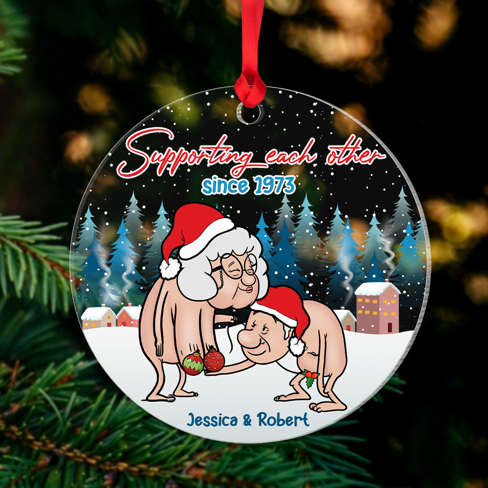 Supporting Each Other, Funny Old Couple Ornament, Personalized Acrylic Ornament, Gift For Christmas - Ornament - GoDuckee