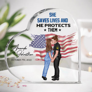 She Saves Lives And He Protects Them, Personalized Heart Acrylic Plaque, Kissing Couple Gifts - Decorative Plaques - GoDuckee