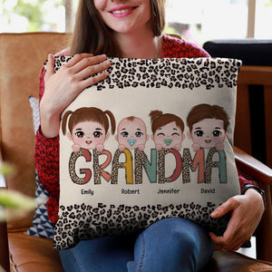 Grandma's Little Kids Personalized Square Pillow With Leopard Pattern, Gift For Grandma - Pillow - GoDuckee