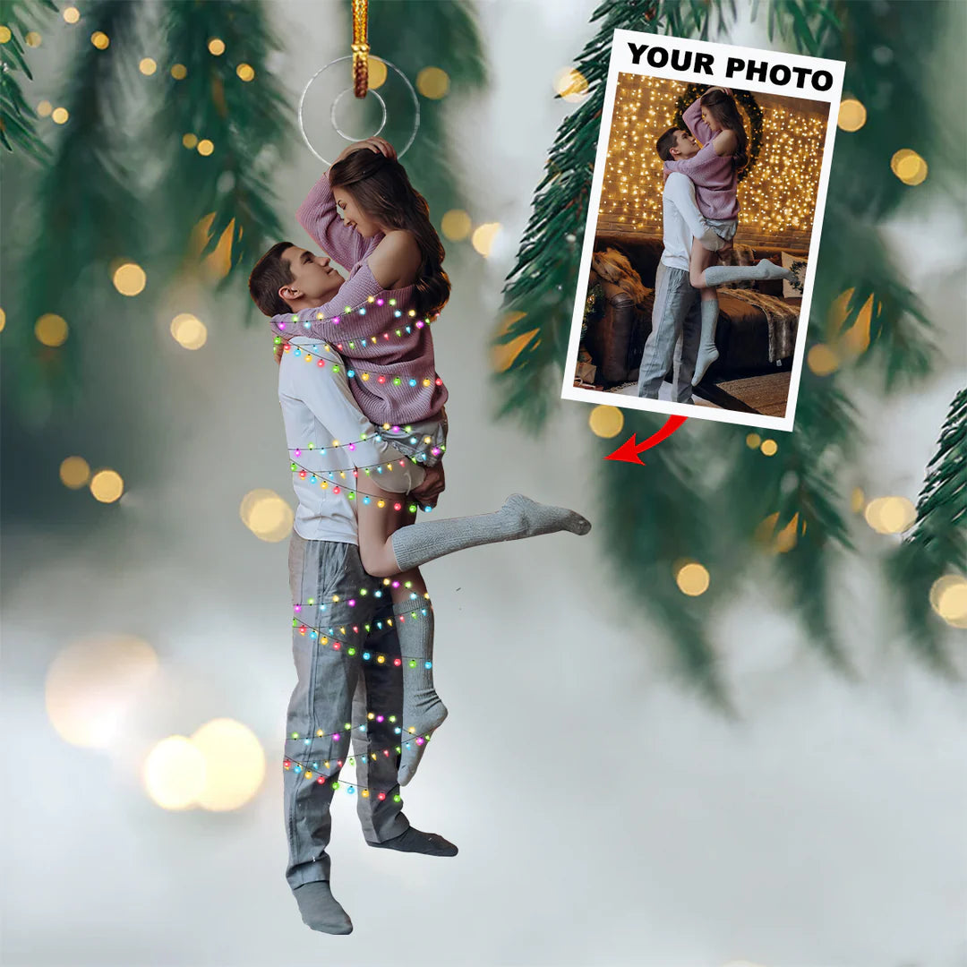 Custom Photo Gifts For Couple, Couple With Christmas Lights Flat Ornament 26pgxx290824 - Ornament - GoDuckee