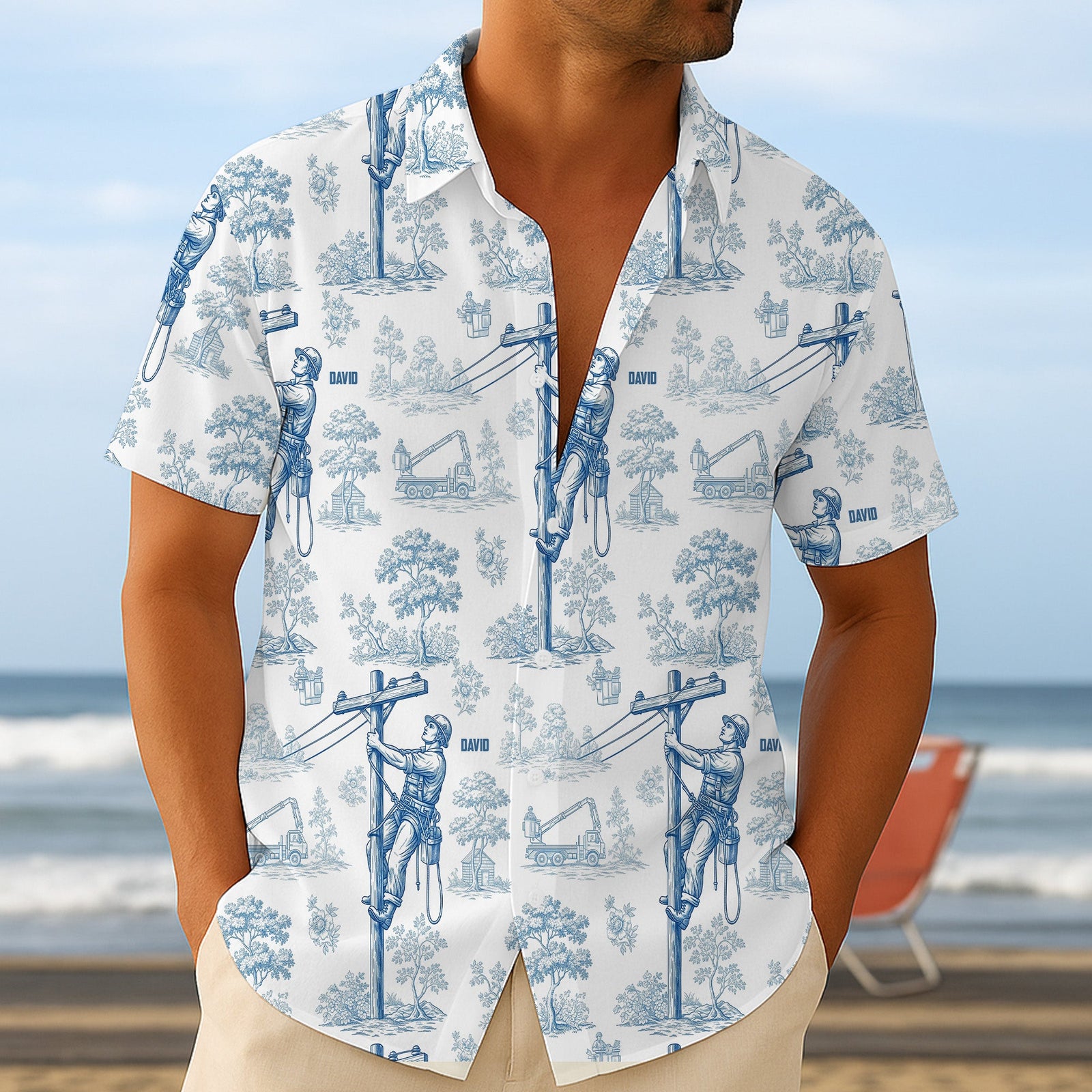 Vintage Toile Blue Pattern Hawaiian Shirt - Personalized Gifts For Lineman 02qhtn120625 - Hawaiian Shirts - GoDuckee