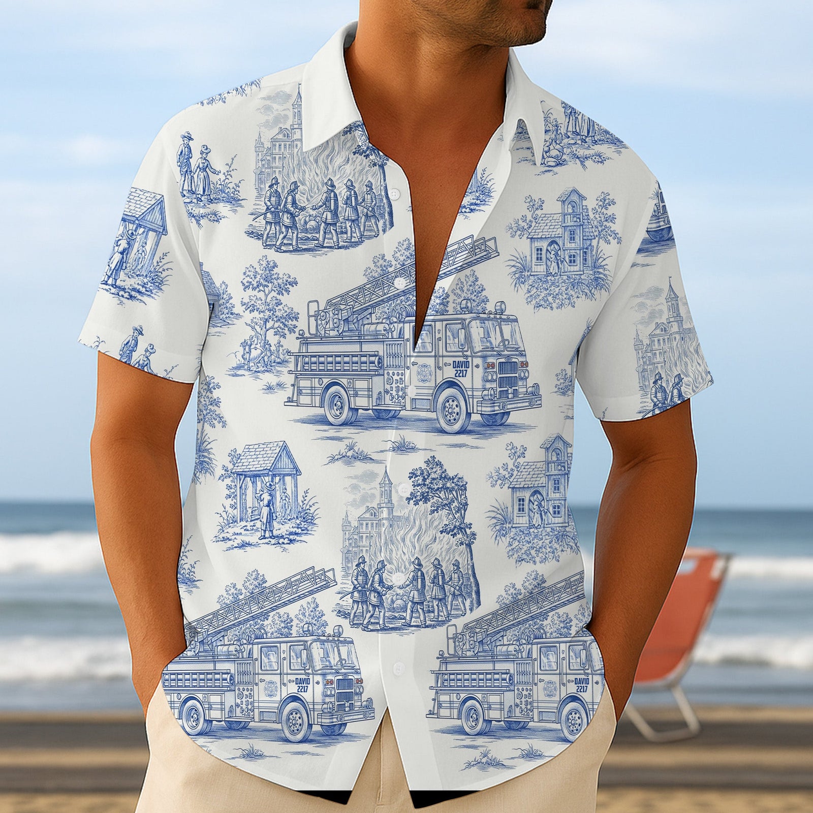 Personalized Gifts For Firefighter Hawaiian Shirt, Vintage Toile Blue Fire Truck Pattern 03qhtn110625 - Hawaiian Shirts - GoDuckee