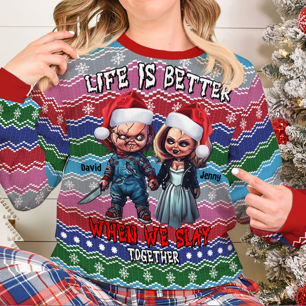 Life Is Better When We Slay Together, Personalized Knitted Ugly Sweater, Horror Gift For Couple - AOP Products - GoDuckee