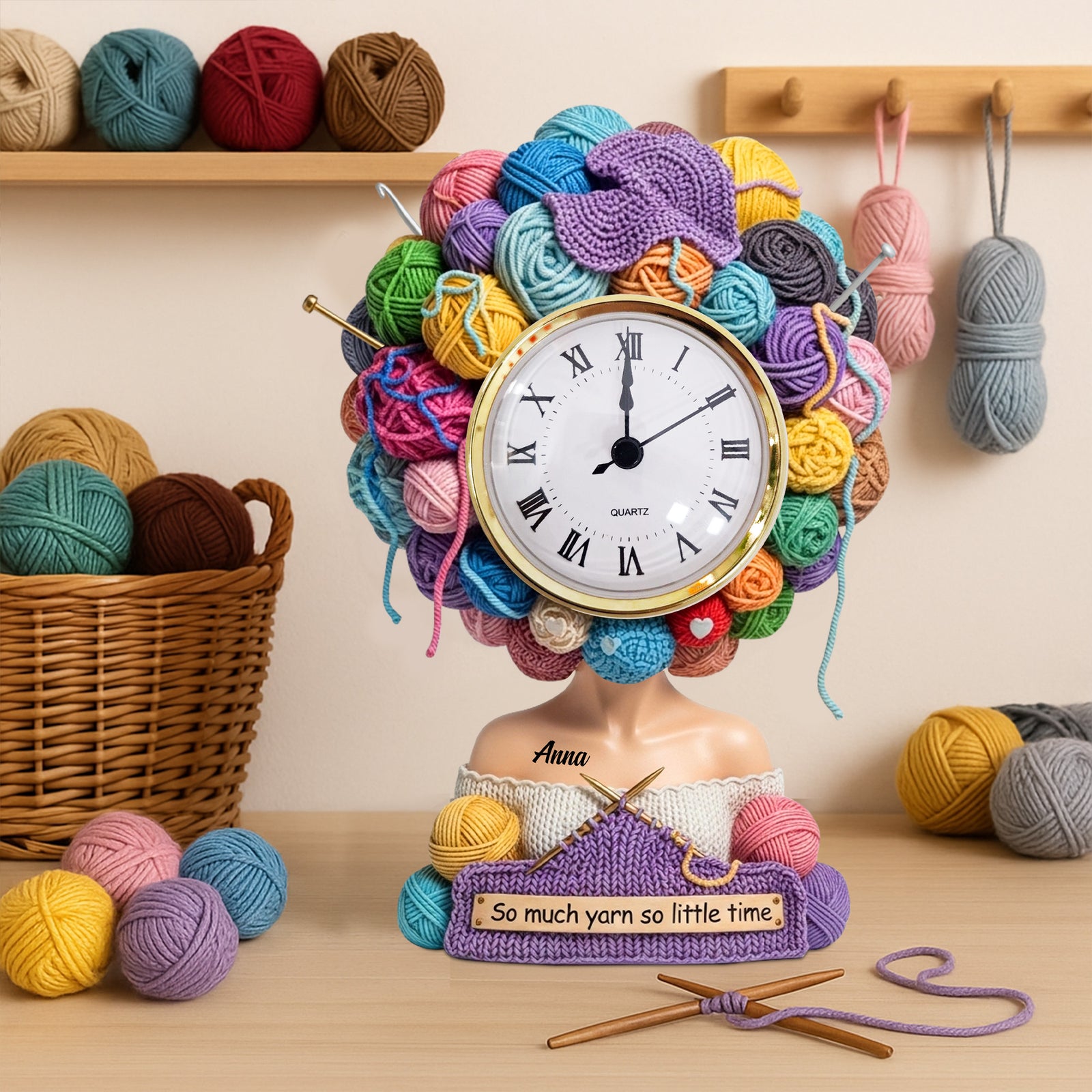 Yarn Head Girl Desk Clock - Personalized Gifts For Knitter & Crocheter 04QHTN030625 - Clock Plaques - GoDuckee