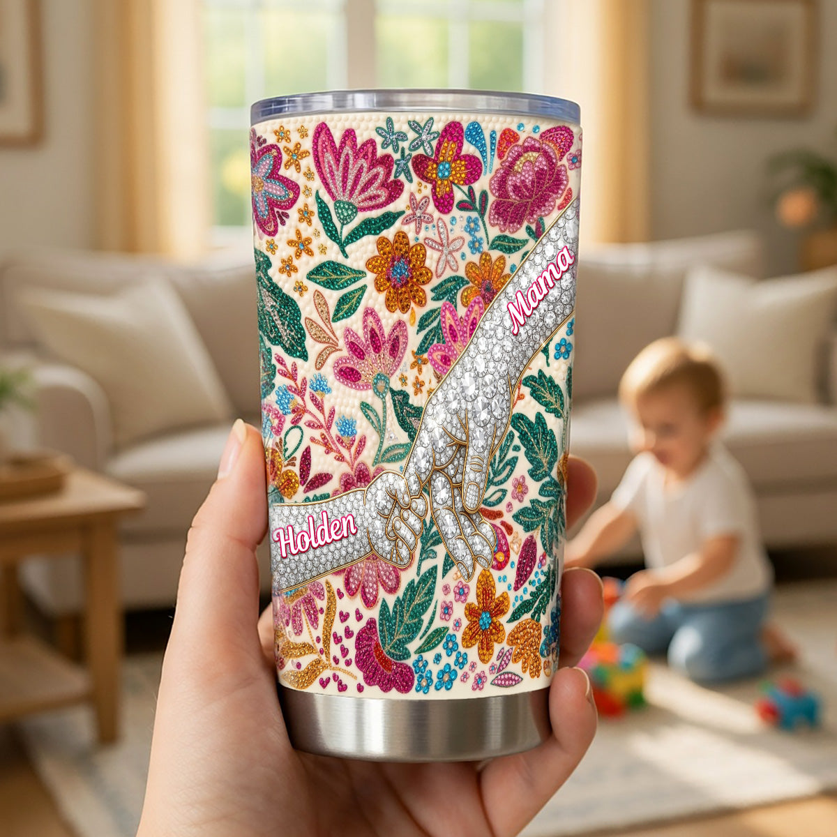 Holding Mom‘s Hand Flower Tumbler - Personalized Gifts For Mothers 04namg090326 - Tumbler Cup - GoDuckee