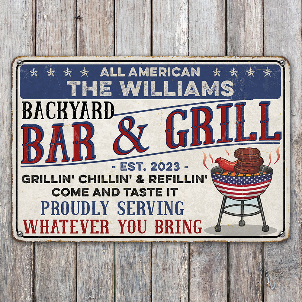Backyard Bar & Grill, Gift For BBQ Lover, Personalized Metal Sign, Backyard BBQ Grill - Metal Wall Art - GoDuckee