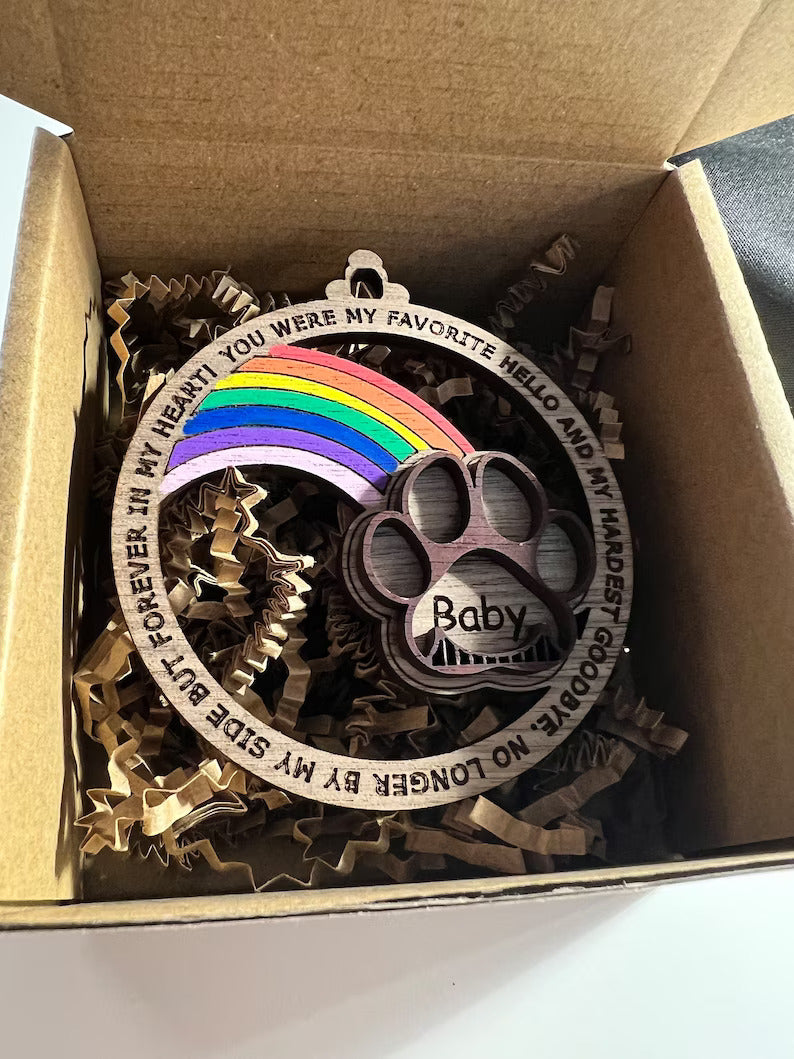Personalized Rainbow Bridge Pet Memorial Wood Ornament - My Favorite Hello And Hardest Goodbye - Ornament - GoDuckee