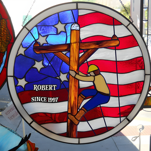 Personalized Gifts For Lineman Suncatcher, Proud American Lineman Stained Glass 01QHPU280824 - Ornament - GoDuckee