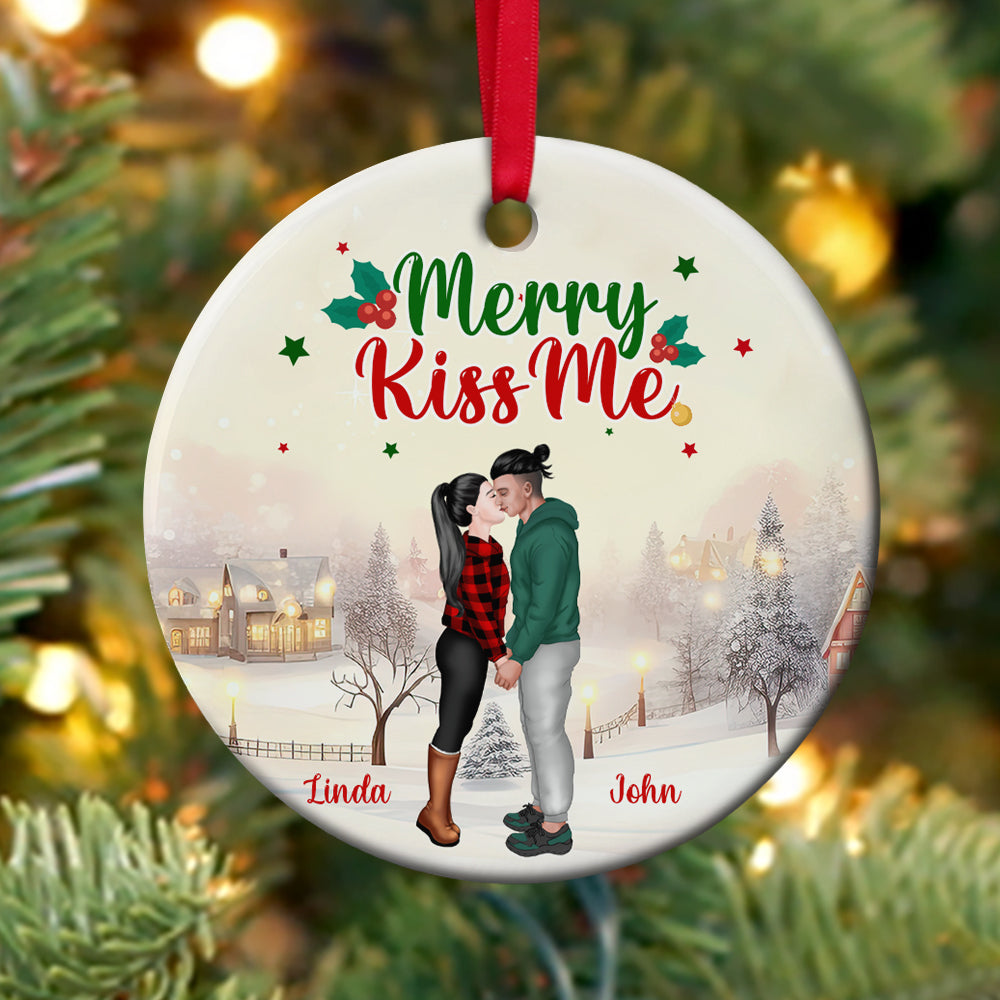 Merry Kiss Me, Personalized Ceramic Ornament, Christmas Gift For Couple - Ornament - GoDuckee