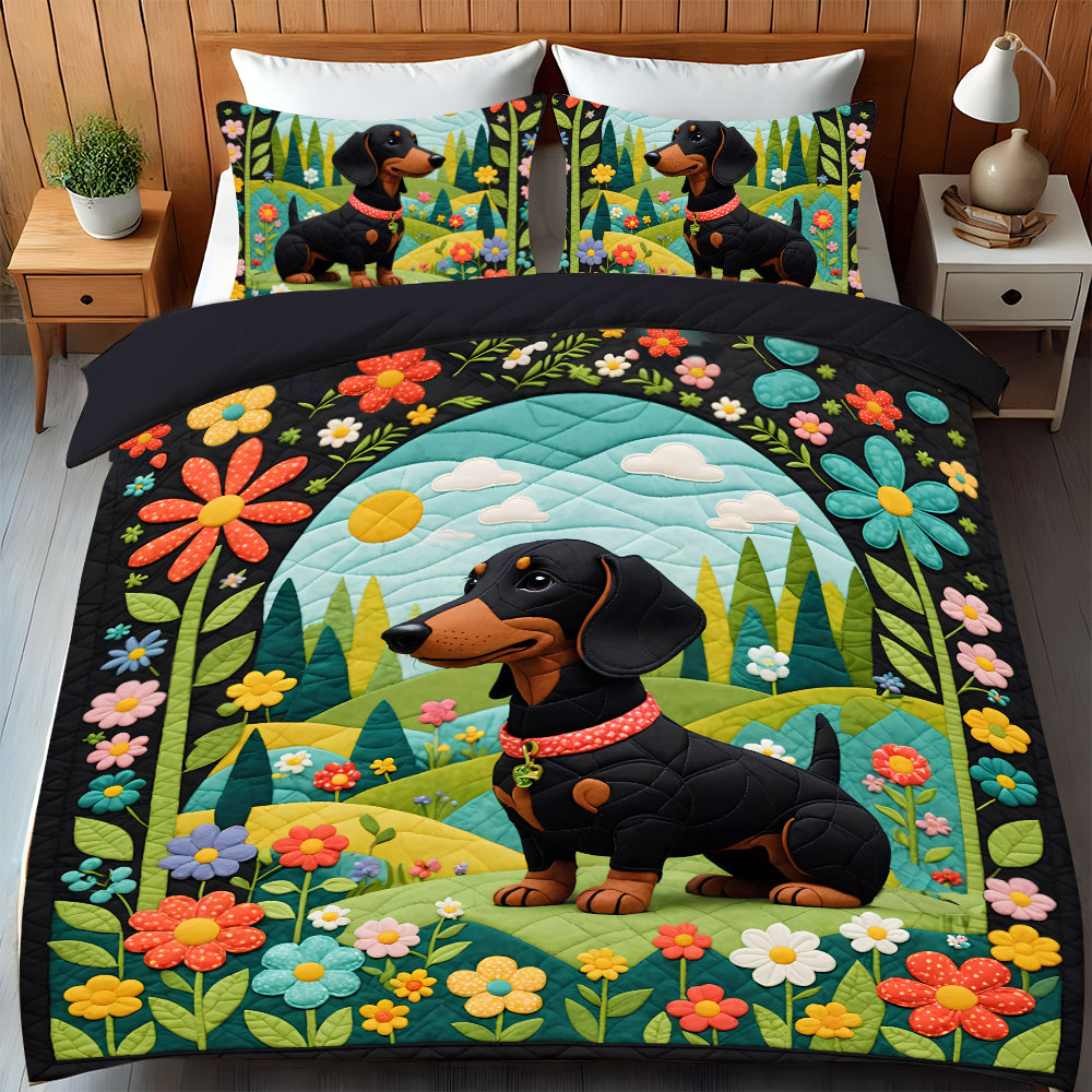 Dachshund Dogs In Floral Garden Quilt Bed Set Gift For Dog Lovers 04HULU200125 - Blanket - GoDuckee