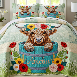 Flower Crown Cow Quilt Bedding Set 02napu090725 - Blanket - GoDuckee