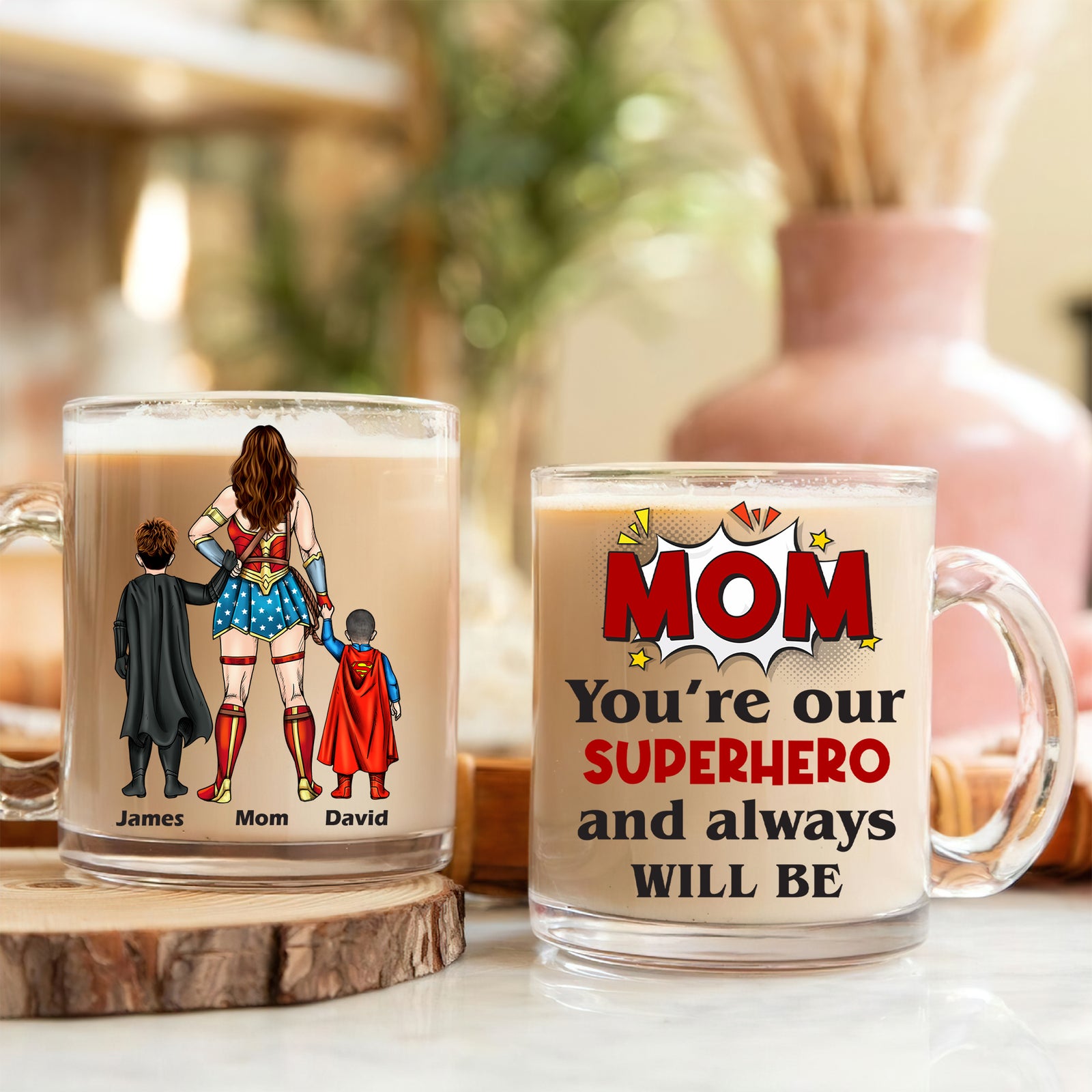 Personalized Gifts For Mom Clear Glass Mug 04natn220325pa You're Our Superhero And Always Will Be - Clear Glass Mug - GoDuckee