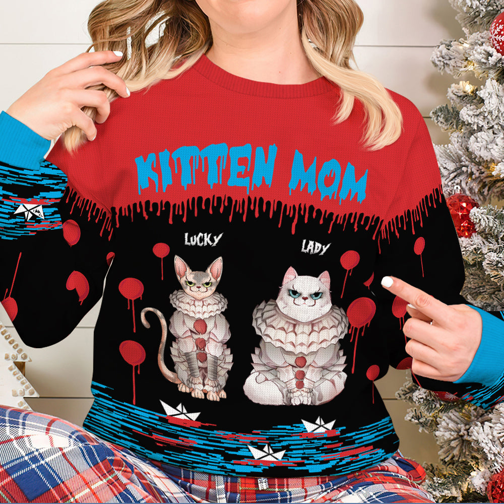 We All Meow Down Here, Gift For Cat Lover, Personalized Knitted Ugly Sweater, Family Horror Cat Sweater, Halloween Gift 04HUXX040823 - AOP Products - GoDuckee