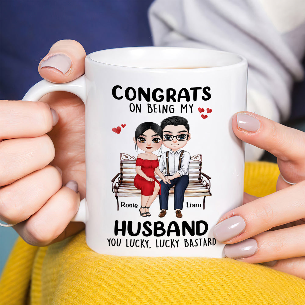 Congrats On Being My Husband, Gift For Couple, Personalized Mug, Couple Sitting Mug, Couple Gift - Coffee Mug - GoDuckee