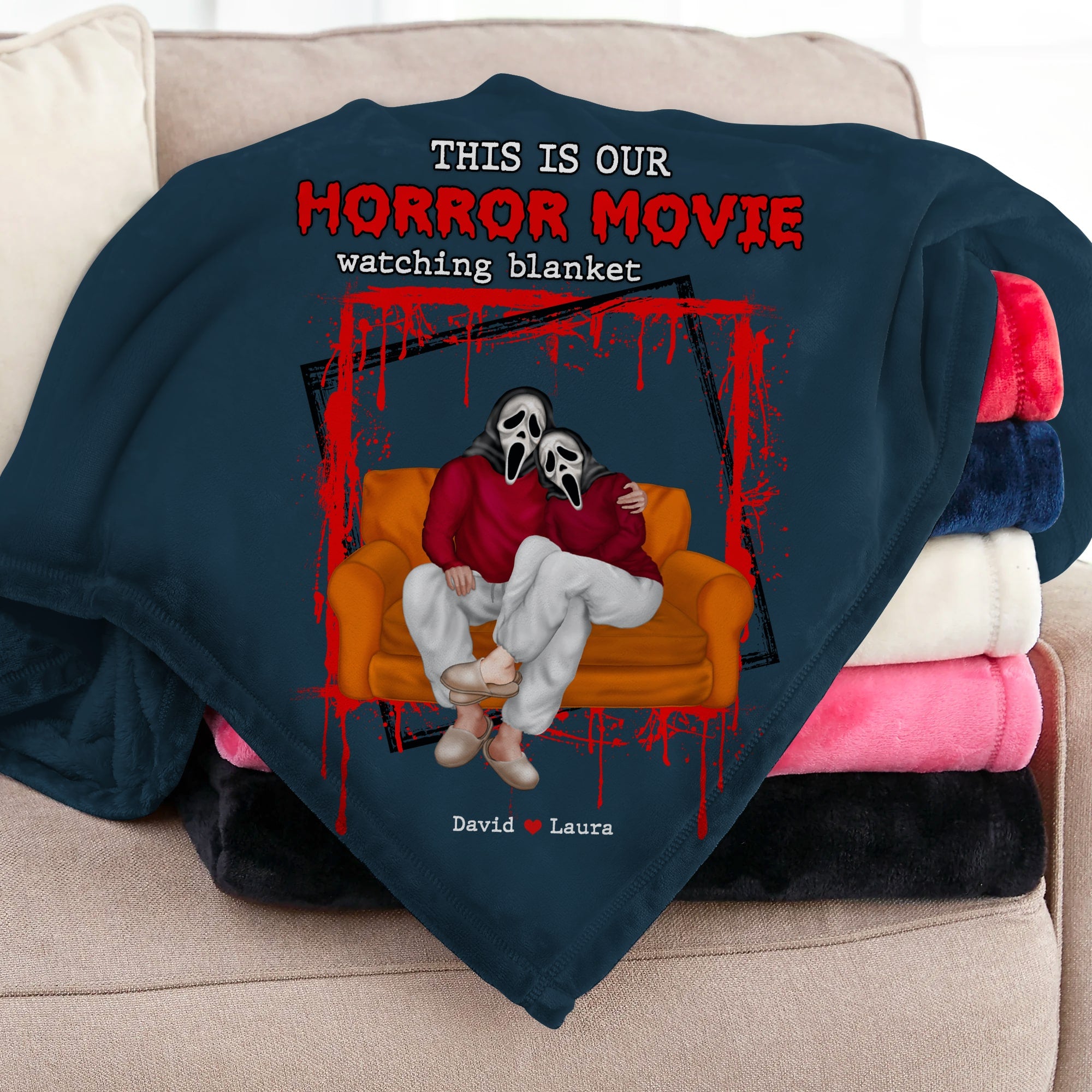 Couple, Horror Couple Watching Movie Together, Personalized Blanket, Halloween Gifts For Couple, 01NAPO290823PA - Blanket - GoDuckee