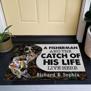 A Fisherman And The Catch Of His Life Live Here - Custom Photo Door Mat-Gift For Fishing Lovers- Fishing Couple - Doormat - GoDuckee