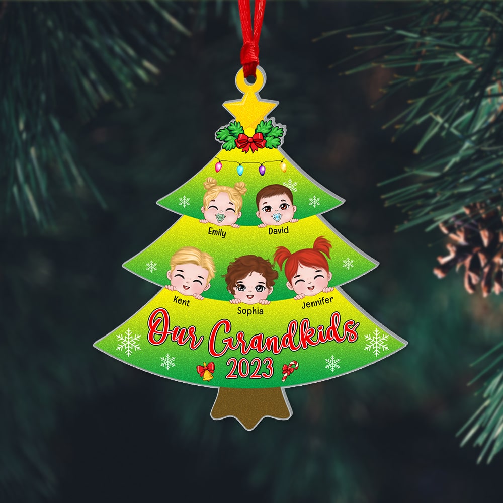 Personalized Acrylic Pine Tree Shape Ornament, Christmas Gift For Grandparents - Ornament - GoDuckee