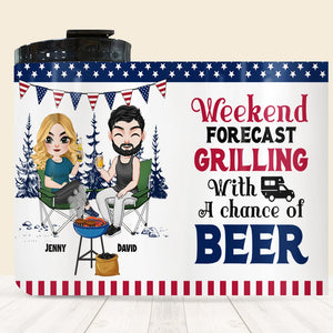 Couple, Weekend Forecast Griling With A Chance Of Beer, Personalized Can Cooler, Gift For Couple Camping - Can Cooler - GoDuckee