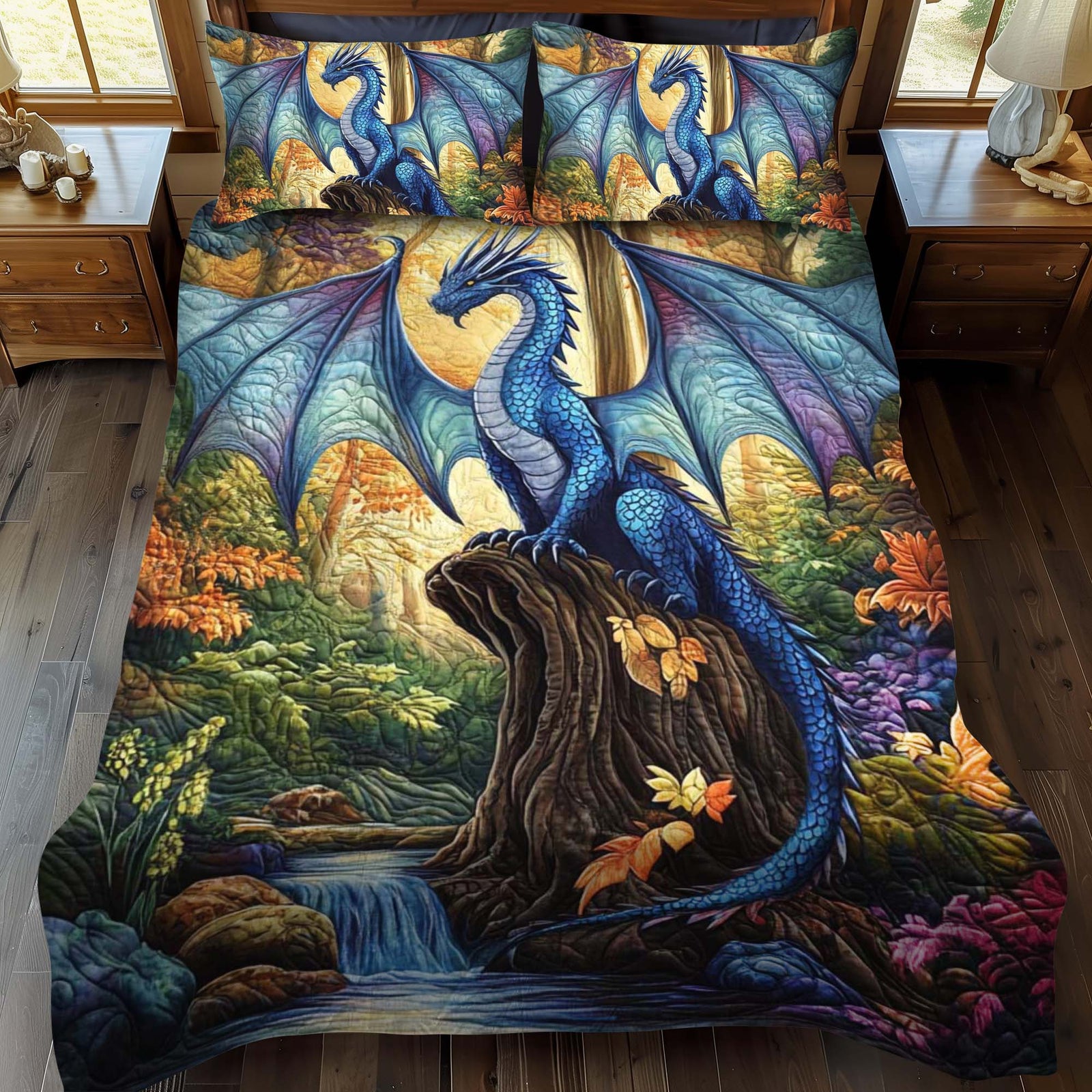 Gifts For Dragon Lovers Quilt Bed Set Mystical Blue Dragon - Blanket - GoDuckee