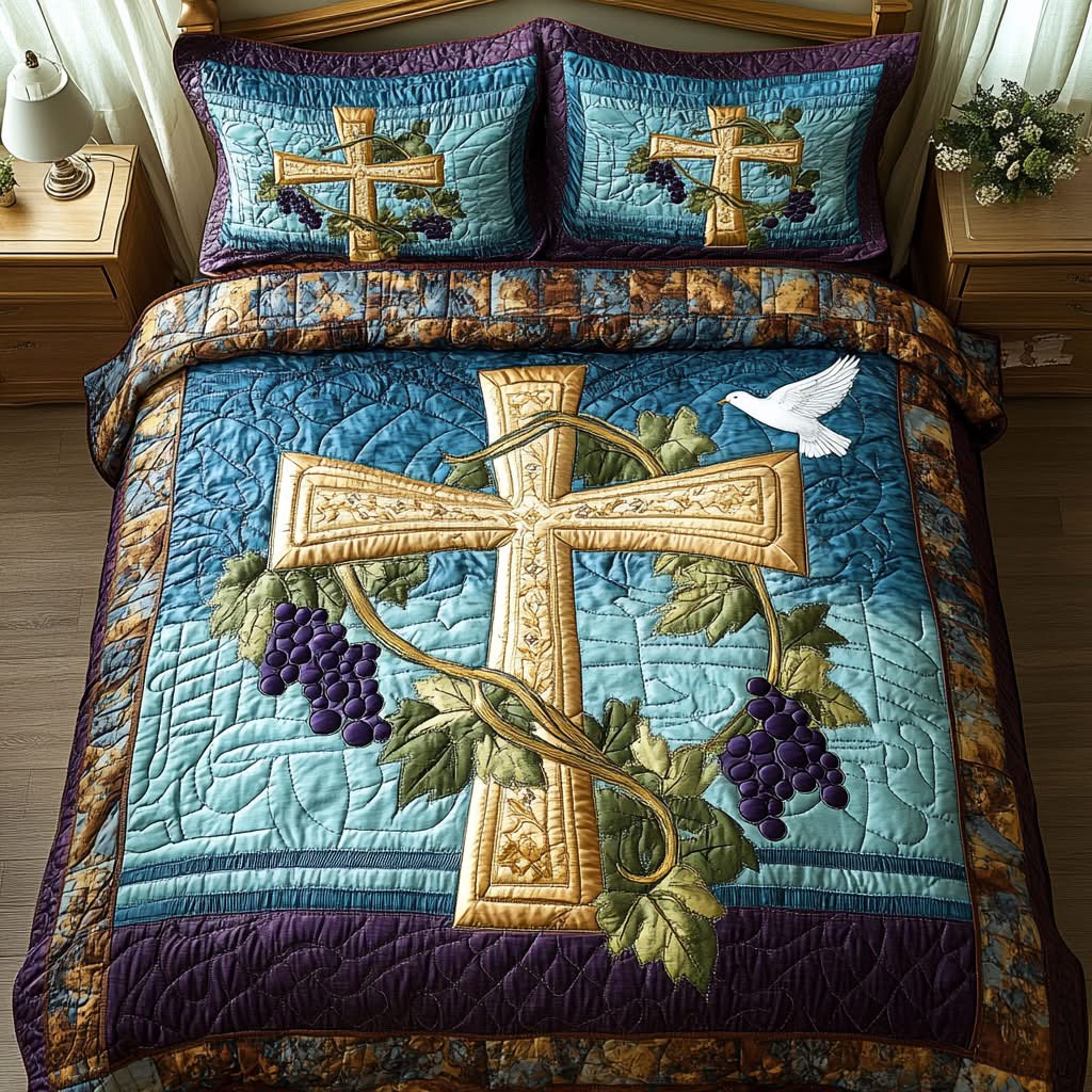 Gifts For Christians Quilt Bed Set Holy Cross Grapevine Motif - Blanket - GoDuckee