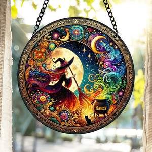 Personalized Gifts For Witch Lover Round Stained Glass Suncatcher Halloween 01XQPU270824 - Ornament - GoDuckee