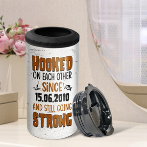 Hooked On Each Other And Still Going Strong- Gift For Couple-Personalized 4 In 1 Can Cooler Tumbler-Fishing Couple - Can Cooler - GoDuckee