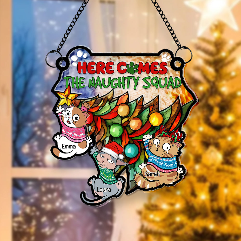 Personalized Gift for Cat Lover, Naughty Cat Squad Christmas Suncatcher 01TOLU280824 - Ornament - GoDuckee