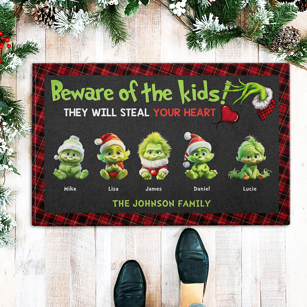 Beware Of The Kids, Gift For Family, Personalized Doormat, Green Monster Kids Doormat, Christmas Gift 01HTHN250923 - Doormat - GoDuckee