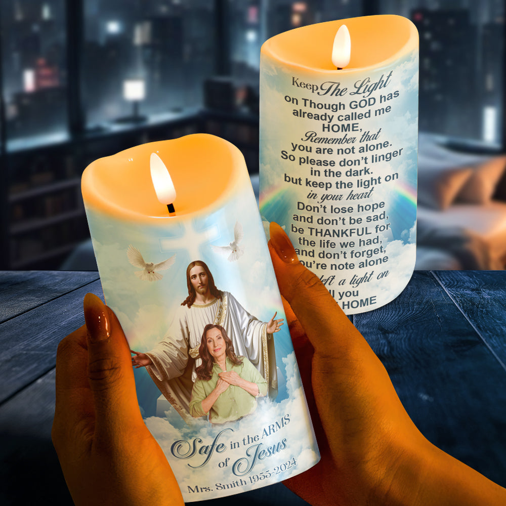 Custom Photo Memorial Gifts For Family Candle 04qnqn090125 Safe In The Arms Of Jesus - Led Candle - GoDuckee