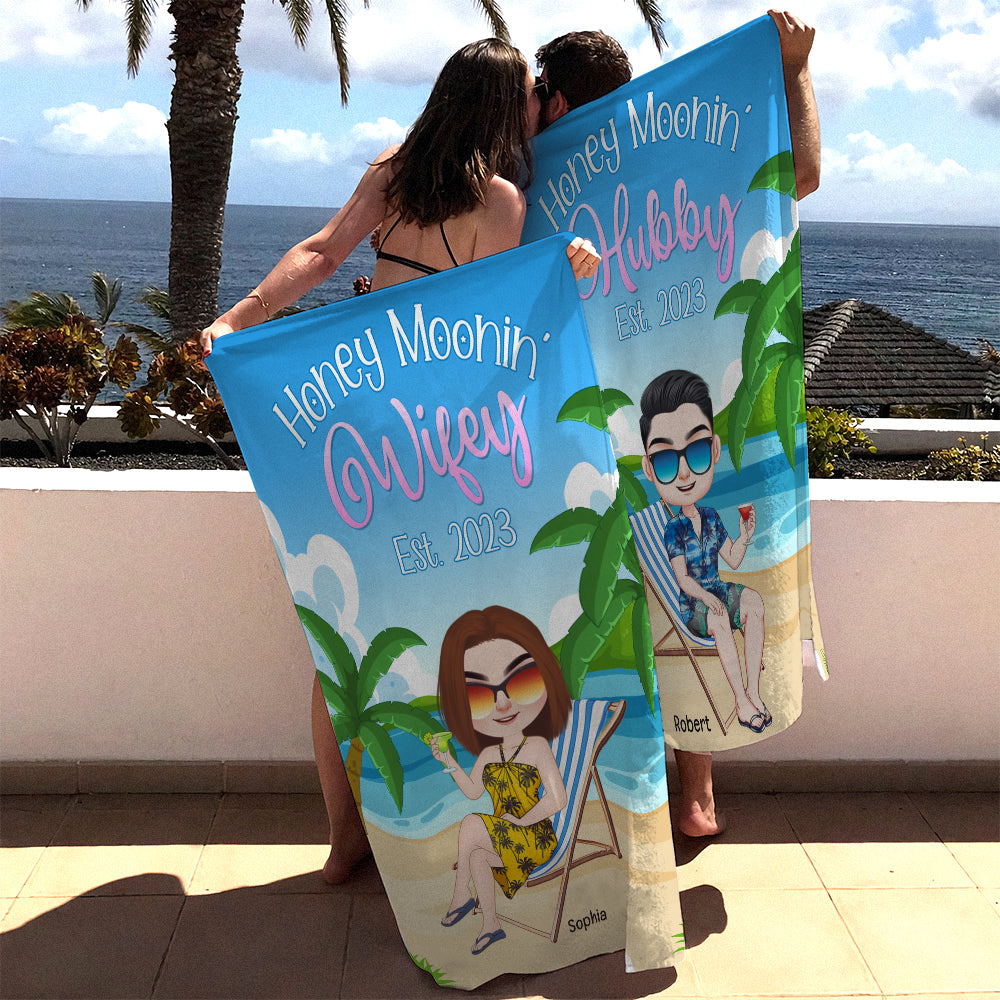 Newlywed Couple Honey Moonin Personalized Beach Towel, Hubby Wifey Beach Vacation - Beach Towel - GoDuckee
