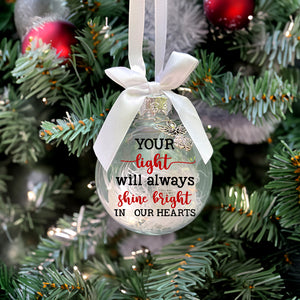 Custom Photo & Time Memorial Ornament Feather Inside, Your Light Will Always Shine Bright In Our Hearts, Christmas Ornament - Ornament - GoDuckee