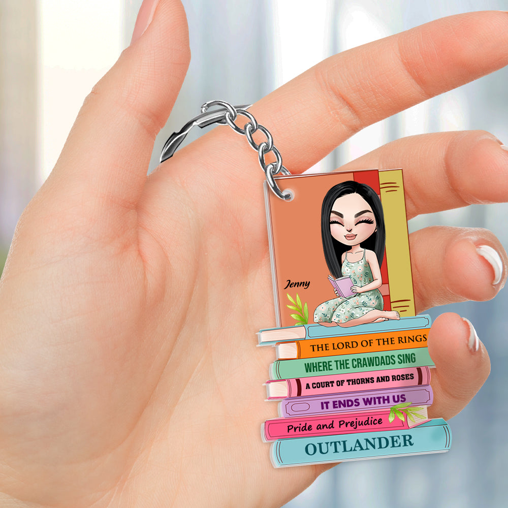 Gift For Book Lover, Personalized Keychain, Girl Reading Book Custom Title Keychain - Keychains - GoDuckee