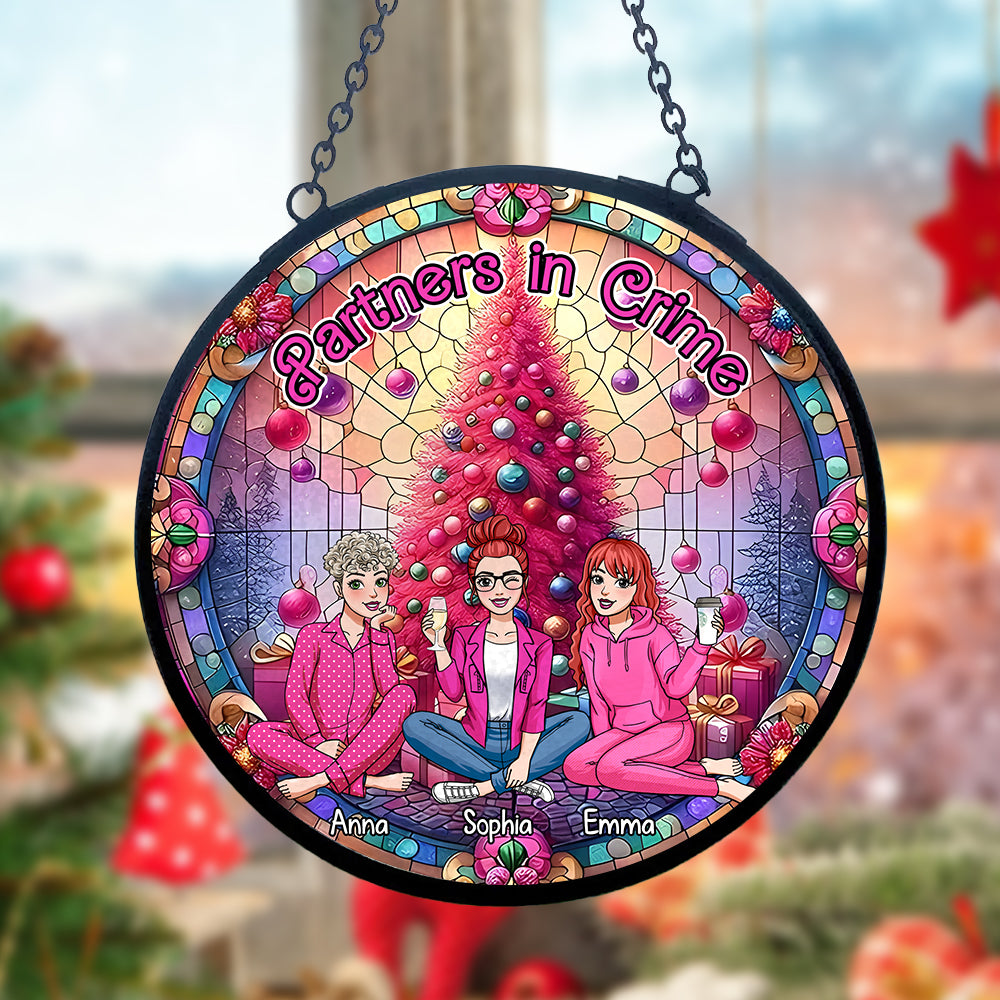 Personalized Gifts For Friends Round Stain Glass Suncatcher Christmas Pink 02XQDC040924HA - Ornament - GoDuckee