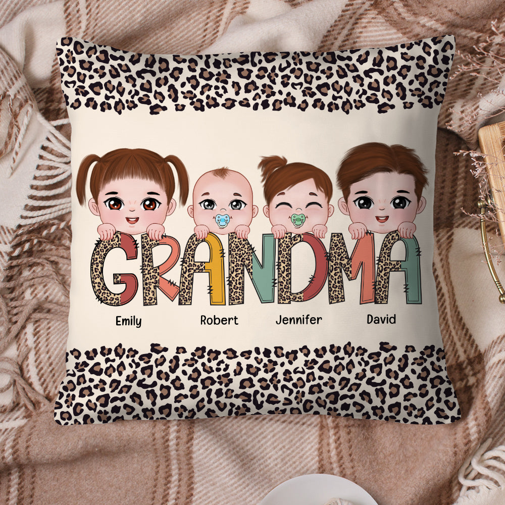 Grandma's Little Kids Personalized Square Pillow With Leopard Pattern, Gift For Grandma - Pillow - GoDuckee