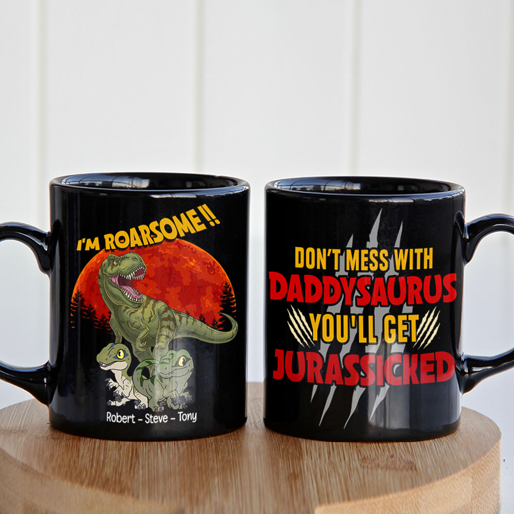 T-Rex Roarsome Dad Personalized Coffee Mug, Black Mug BLM-04dnpo070623 - Coffee Mug - GoDuckee