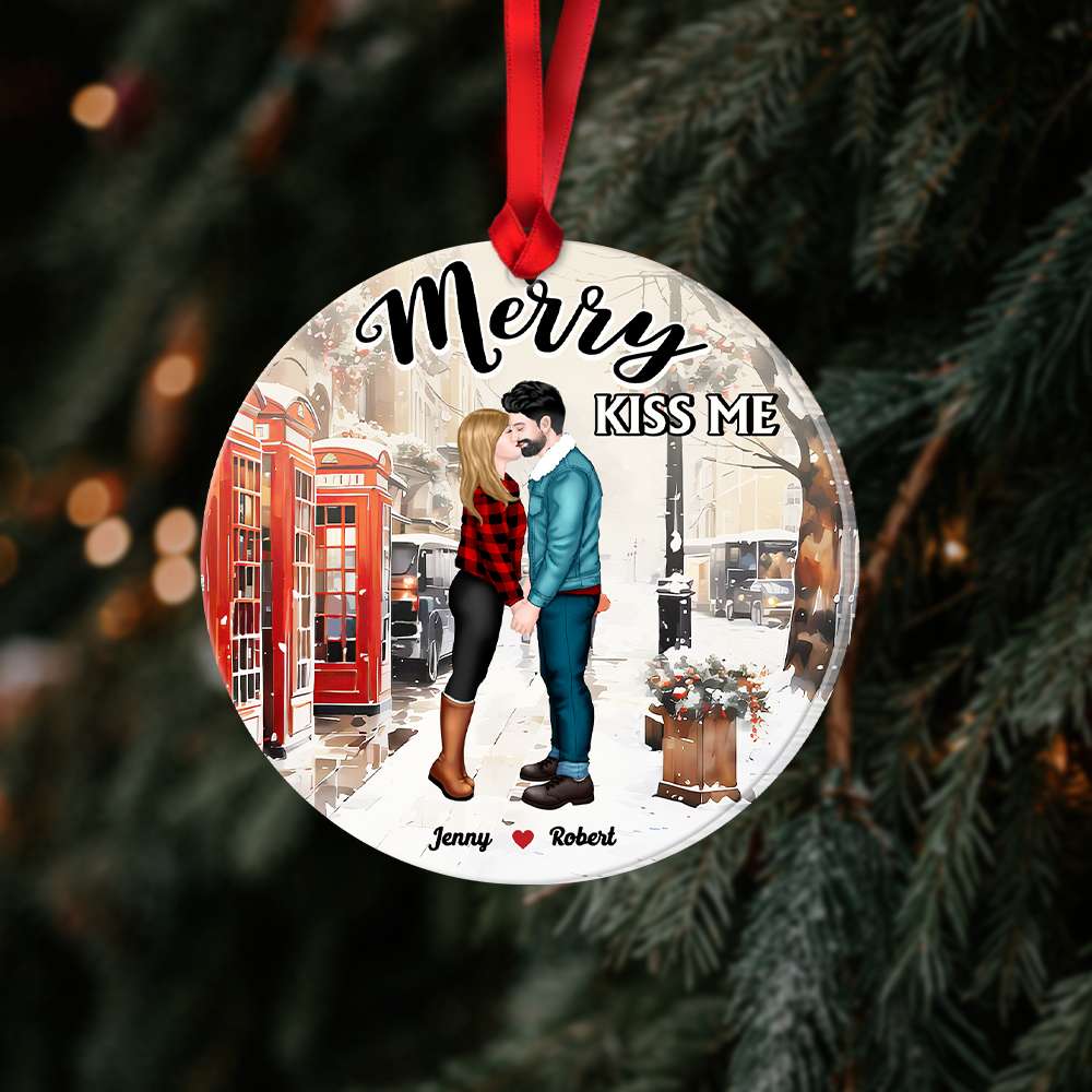 Merry Kiss Me, Couple Gift, Personalized Acrylic Ornament, Kissing Couple Ornament, Christmas Gift - Ornament - GoDuckee