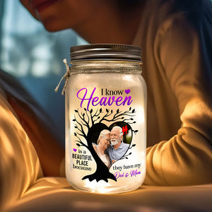 Custom Photo Memorial Gifts For Family Mason Jar Light 04kaqn030125 Heaven Is A Beautiful Place Because They Have My Parents - Drink Jar - GoDuckee