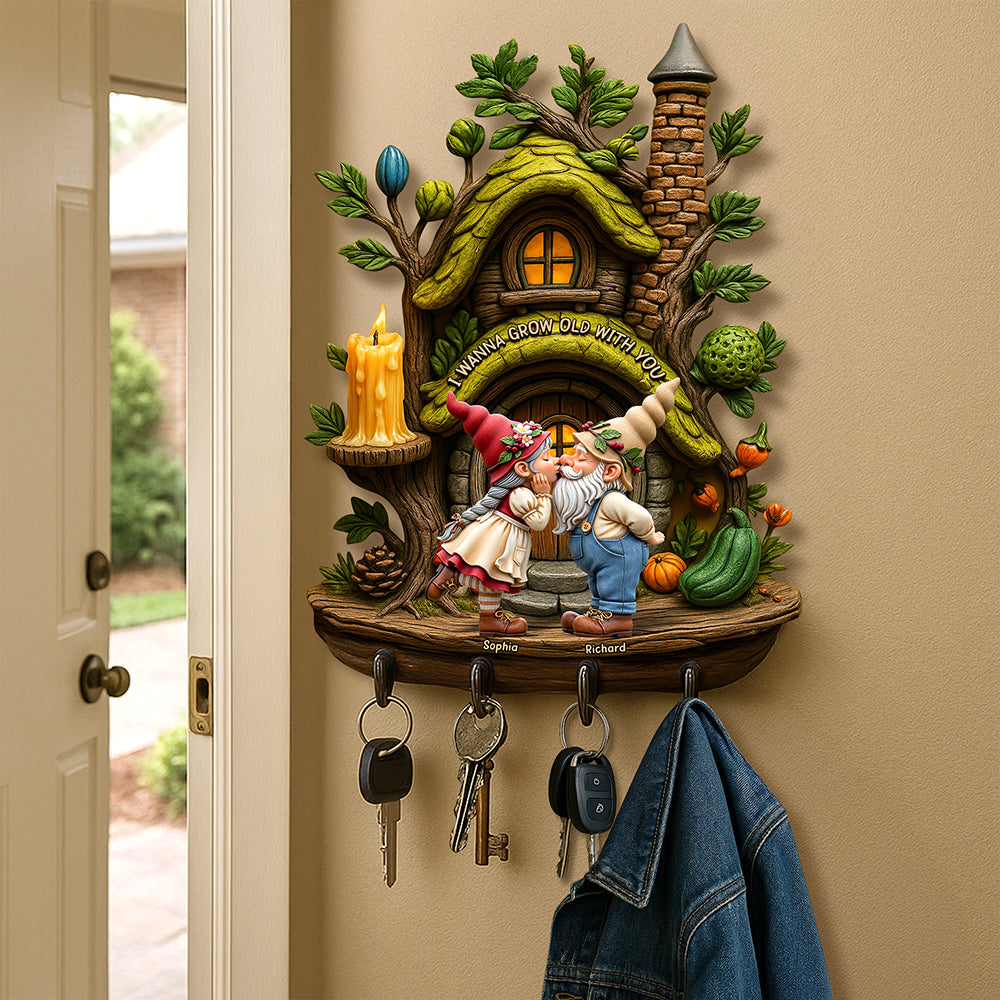 Kissing Gnome Couple Key Hanger Personalized Gifts For Couple 04QHQN230525 - Wood Sign - GoDuckee