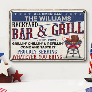 Backyard Bar & Grill, Gift For BBQ Lover, Personalized Metal Sign, Backyard BBQ Grill - Metal Wall Art - GoDuckee