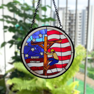 Personalized Gifts For Lineman Suncatcher, Proud American Lineman Stained Glass 01QHPU280824 - Ornament - GoDuckee