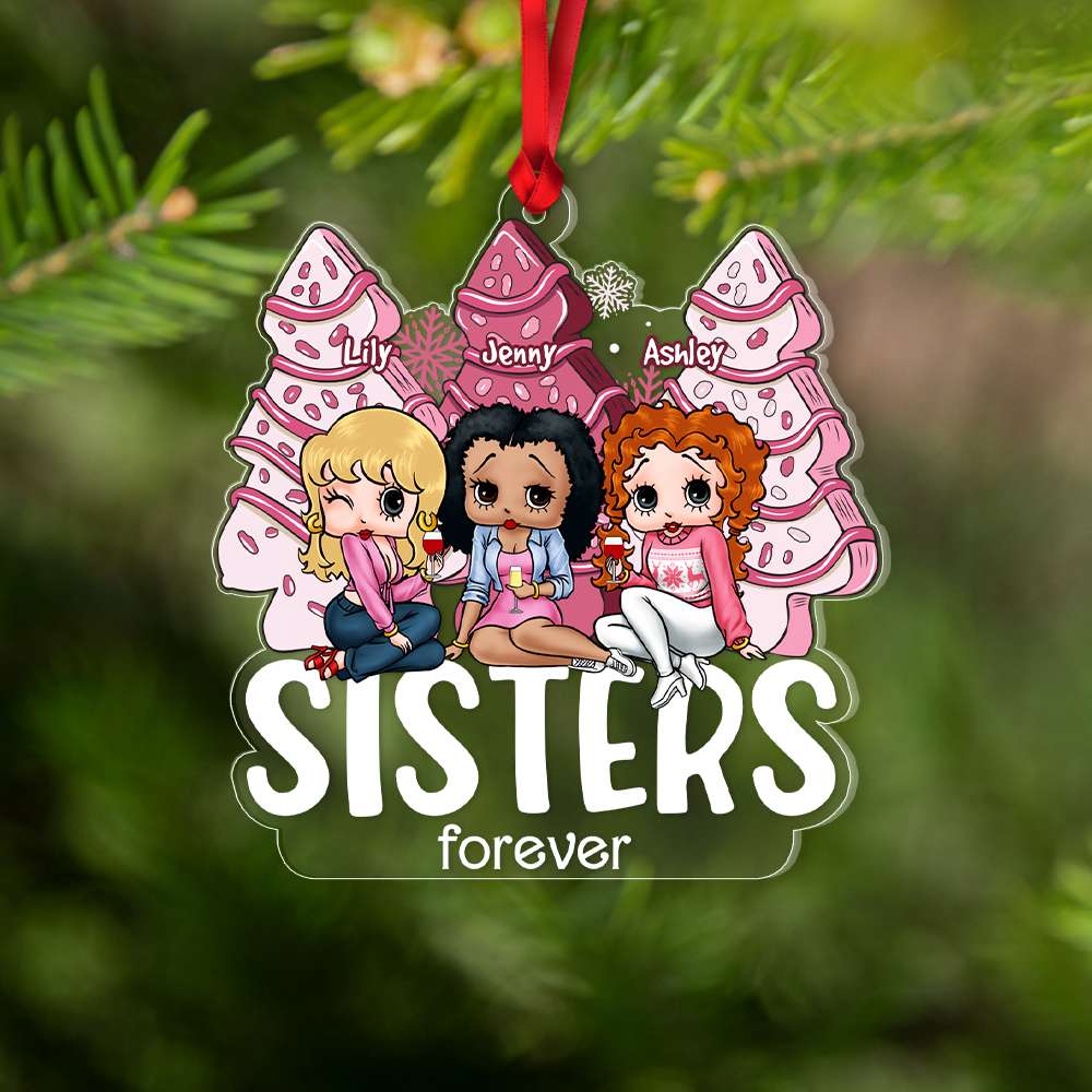 Sisters Forever, Gift For Sisters, Friends, Personalized Acrylic Ornament, Cartoon Pink Girls Ornament, Christmas Gift 04NAHN081123HH - Ornament - GoDuckee