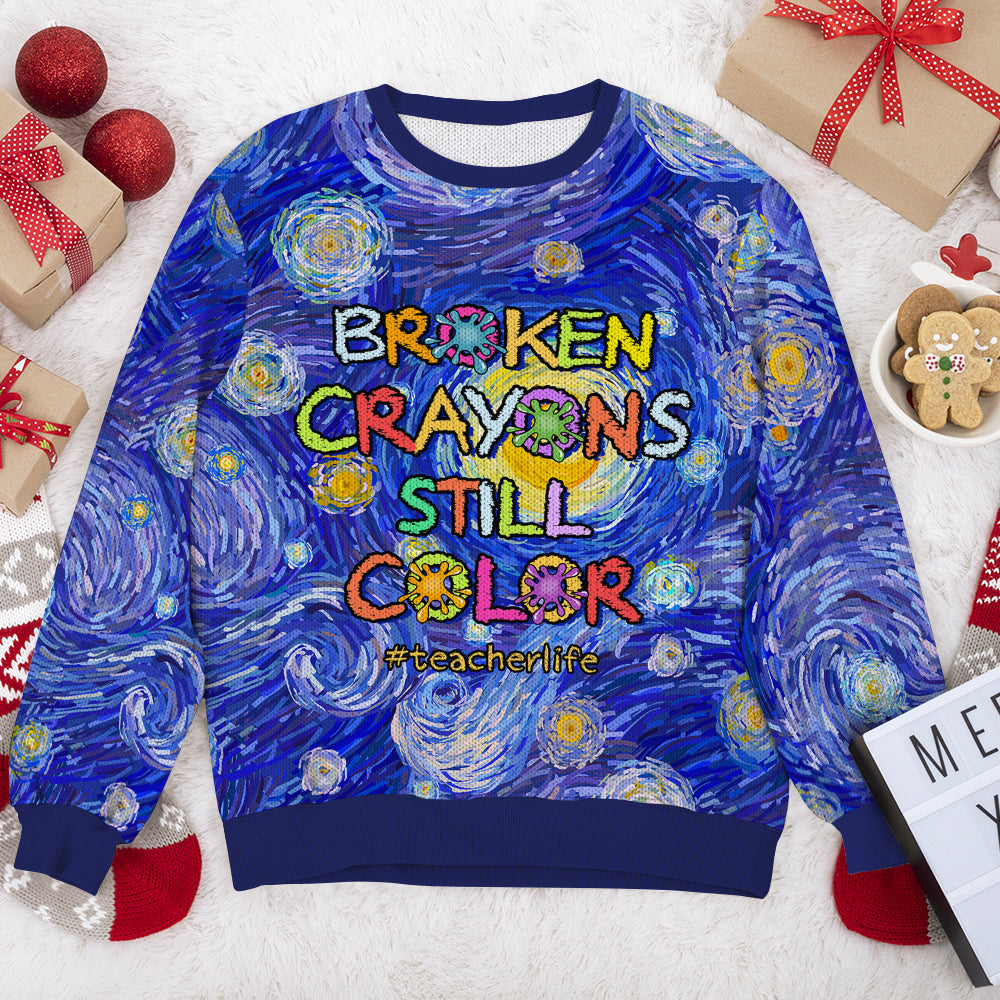 Broken Crayons Still Color, Gift For Teacher, Personalized Knitted Ugly Sweater, Teacher Crayon Sweater - AOP Products - GoDuckee