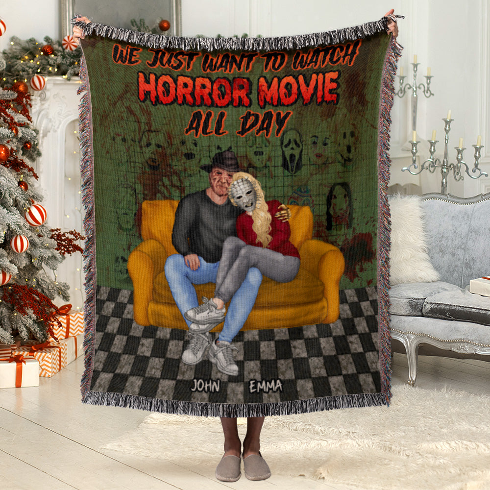 We Just Want To Watch Horror Movie All Day, Couple Gift, Personalized Blanket, Horror Couple Blanket, Halloween Gift 02TOHN050923PA - Blanket - GoDuckee
