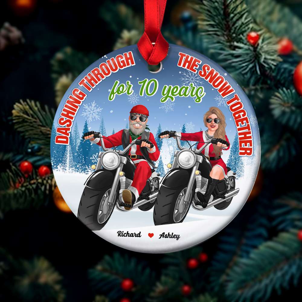 Dashing Through The Snow Together, Biker Couple Personalized Ceramic Ornament, Couple Gifts - Ornament - GoDuckee