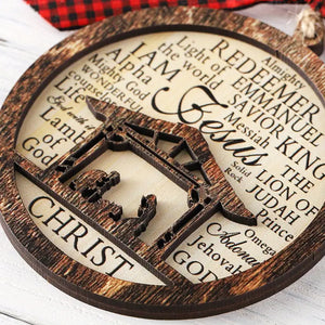 Wooden Nativity Scene Christmas Ornament 01HUXX060924 2 Layers Ornament, Christ Birth Hanging Decoration with Names of God - Ornament - GoDuckee