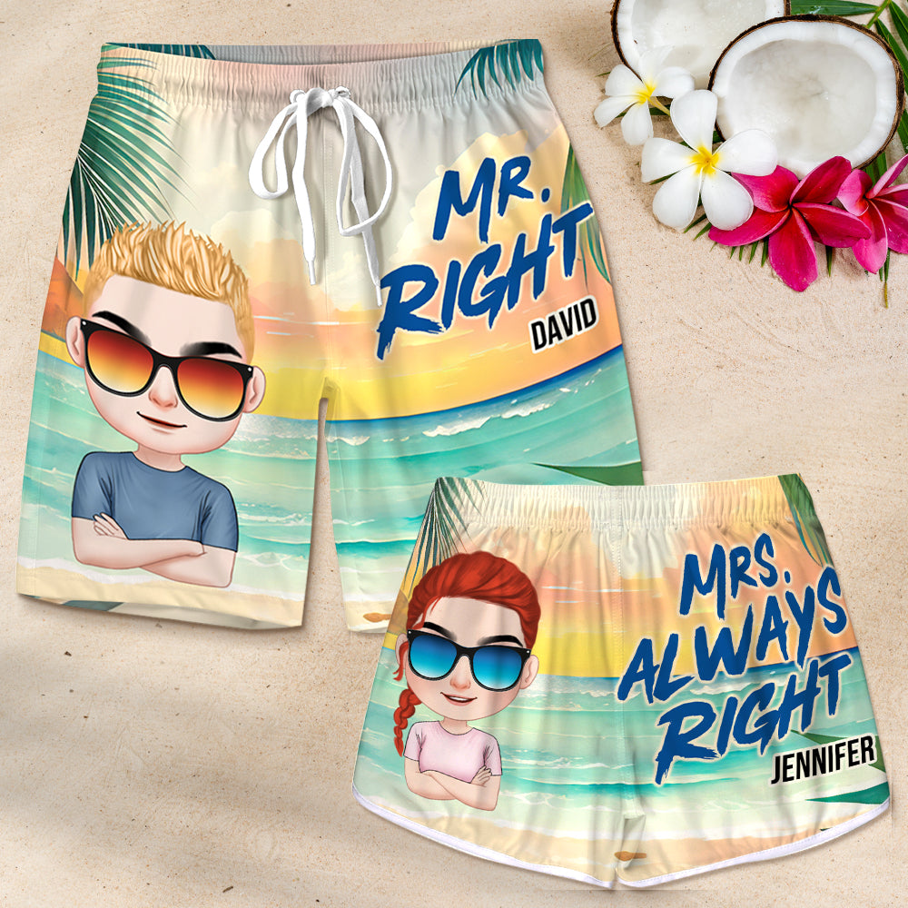 Mrs. Right, Gift For Couple, Personalized Couple Beach Shorts, Couple Summer Beach Shorts, Summer Gift - Beach Shorts - GoDuckee